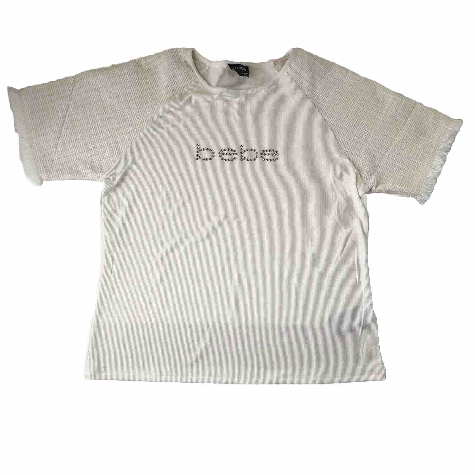 Bebe Embellished Ribbed Top Frayed Hem Sleeve Color Marshmallow Size Juniors Xl